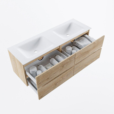 MONDIAZ VICA Badkamermeubelset - 140cm - onderkast washed oak - 4 lades - wastafel cloud dubbel - 2 kraangaten - 60cm hoge versie - talc