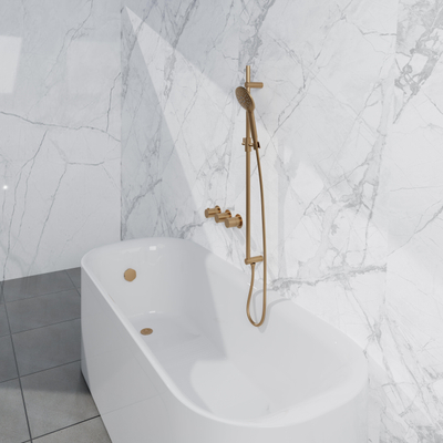 Fortifura Nebbio Badcombinatie-set - thermostaatkraan - inbouwdeel - glijstang - metalen doucheslang - ronde handdouche - badafvoer opbouw - geborsteld messing PVD (goud)