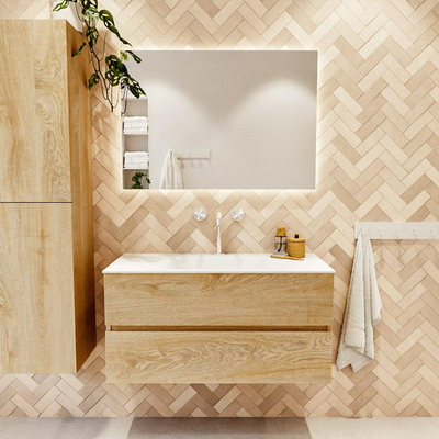 MONDIAZ VICA 100cm badmeubel onderkast Washed Oak 2 lades. Wastafel CLOUD midden 1 kraangat, kleur Talc.