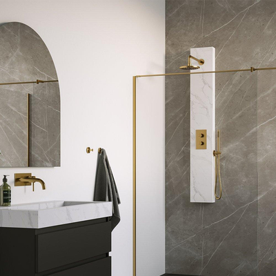 BRAUER Gold Edition thermostatisch douchepaneel - 2 functies - calacatta gold SET 01 - 20cm hoofddouche - gebogen muurarm - staaf handdouche - wandaansluitbocht - doucheslang - goud geborsteld PVD