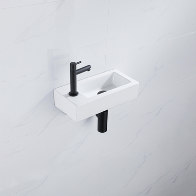 QeramiQ Fuente Fonteinset - 37.5x18.5x9cm - keramiek - kraangat links - fonteinkraan zwart mat - afvoerplug - verlaagd sifon - Glans wit