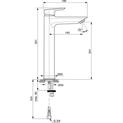 Ideal Standard Tesi wastafelkraans verhoogd 30.1cm met vaste uitloop chroom