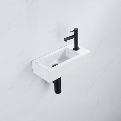 QeramiQ Fuente Fonteinset - 37.5x18.5x9cm - keramiek - kraangat rechts - fonteinkraan zwart mat - afvoerplug - verlaagd sifon - Glans wit