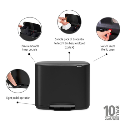 Brabantia Bo Pedaalemmer - 3x11 liter - 3 kunststof binnenemmers - matt black