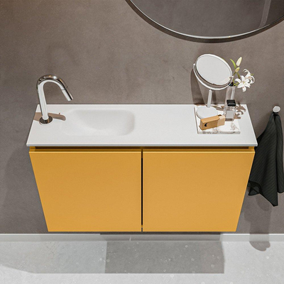 MONDIAZ TURE Fonteinset - 80x23x50cm - 1 kraangat - 2 deuren - ocher mat - Wasbak links - Solid Surface Wit