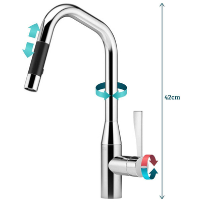 Dornbracht Sync 1 gats keukenkraan met uittrekbare hoekige uitloop met handdouche 360° draaibaar sprong 24cm platina mat