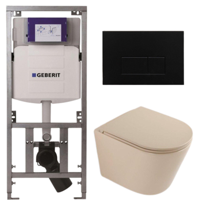 QeramiQ Dely Toiletset - 36.3x51.7cm - diepspoel - rimless - Geberit UP320 inbouwreservoir - softclose toilet zitting - metaal mat zwart bedieningsplaat - rechthoekige knoppen - mat beige