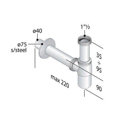 Nemo Skill - fleshevel - voor wastafel - met afvoerbuis - 250 mm - 6/4" x D 40 mm - zonder afvoerplug - chroom OUTLET