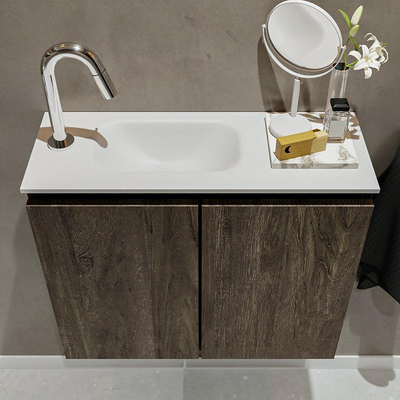 MONDIAZ TURE Fonteinset - 60x23x50cm - 1 kraangat - 2 deuren - dark brown mat - Wasbak links - Solid Surface Wit