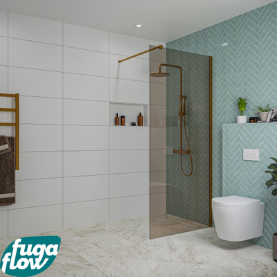 FugaFlow Eccelente Vetro inloopdouche badkamer - 90x200cm - rookglas - wandarm - geborsteld koper -