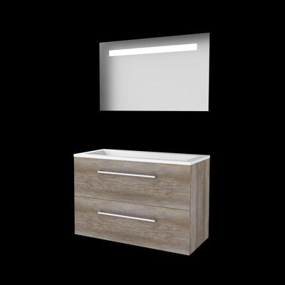 Basic-Line Economic 46 badkamermeubelset - 100x46cm - met grepen - 2 lades - acryl wastafel - 0 kraangaten - Spiegel - geintegreerde LED verlichting - MFC Scotch Oak