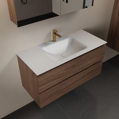 Mondiaz Aivy badmeubelset - 100x45x50cm - 1 kraangat - 1 wasbak talc Solid surface - Midden - 2 lades - Met spiegelkast - Melamine Mocha