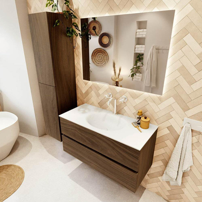 Mondiaz VICA 100cm badmeubel onderkast Mocha 2 lades. Wastafel MOON midden 1 kraangat, kleur Talc.