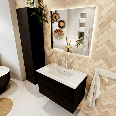 MONDIAZ VICA 80cm badmeubel onderkast Urban 2 lades. Wastafel DENIA midden 1 kraangat, kleur Glanzend Wit.