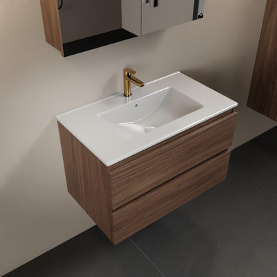 Mondiaz Aivy badmeubelset - 80x45x50cm - 1 kraangat - 1 wasbak talc Keramiek - Midden - 2 lades - Met spiegelkast - Melamine Mocha