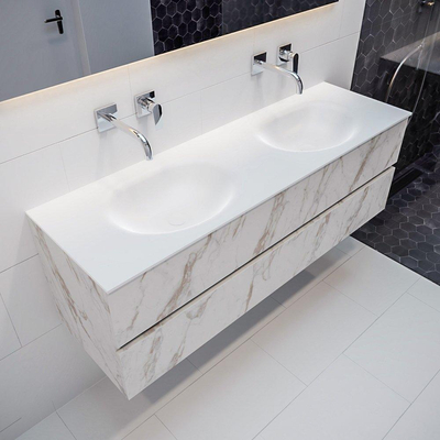 MONDIAZ VICA Badkamermeubelset - 150cm - 2 lades - wasbak Moon dubbel - 0 kraangaten - solid surface carrara marmer