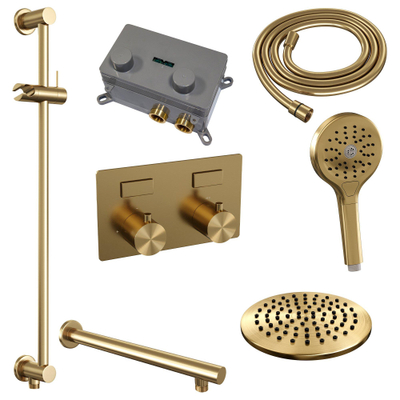 BRAUER Gold Edition Thermostatische Regendouche inbouw - drukknoppen - SET 67 - 20cm hoofddouche - rechte muurarm - 3 standen handdouche - doucheslang - geïntegreerde glijstang - goud geborsteld PVD