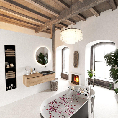 MONDIAZ BUKLA 120cm badmeubel met module 60 kleur Washed Oak met 2 lades. Wastafel CLOUD rechts 0 kraangaten kleur Urban.