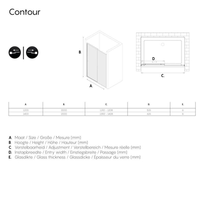 Sealskin Contour schuifdeur voor nis 140 cm, 200 cm hoog, RVS, 6 mm helder veiligheidsglas