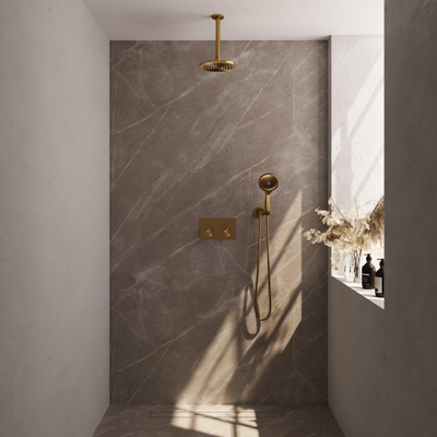 BRAUER Gold Edition Thermostatische Regendouche inbouw - drukknoppen - SET 59 - 20cm hoofddouche - plafondarm - 3 standen handdouche - doucheslang - wandaansluitbocht - goud geborsteld PVD