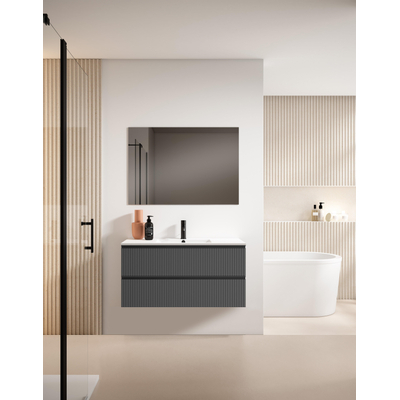 Adema Prime Blend Badkamermeubelset - 100x55x46cm - 1 rechthoekige keramische wasbak wit - 1 kraangat - 2 lades - rechthoekige spiegel - mat antraciet