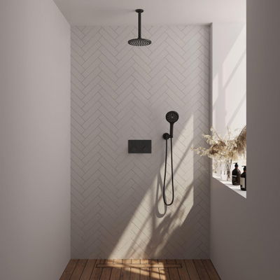 BRAUER Black Edition Thermostatische Regendouche inbouw - drukknoppen - SET 59 - 20cm hoofddouche - plafondarm - 3 standen handdouche - doucheslang - wandaansluitbocht - zwart mat