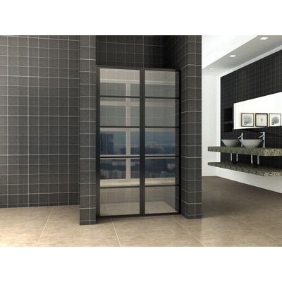 Wiesbaden Horizon nisdeur met vast deel en raster 1400 x 2000 x 8mm nano helder glas/mat zwart
