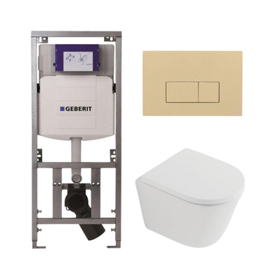 QeramiQ Dely Toiletset - 36.3x51.7cm - diepspoel - rimless - Geberit UP320 inbouwreservoir - softclose toilet zitting 35 mm - bedieningsplaat beige - rechthoekige knoppen - mat wit
