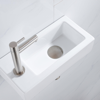 QeramiQ Fuente Fonteinset - 37.5x18.5x9cm - keramiek - kraangat links - fonteinkraan geborsteld RVS - afvoerplug - verlaagd sifon - Glans wit