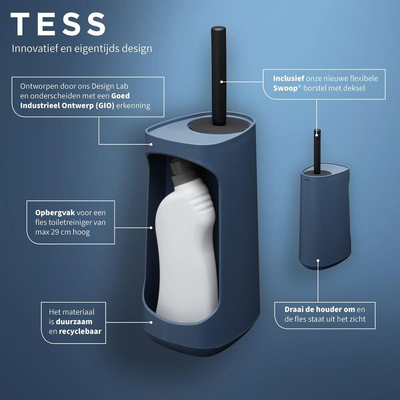 Tiger Tess Toiletborstelhouder met opbergfunctie vrijstaand en Swoop® borstel flexibel Blauw Zwart