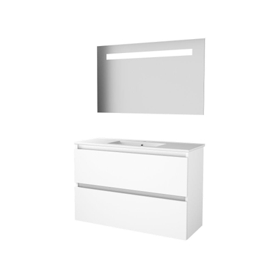 Basic-Line Economic 39 badkamermeubelset - 100x39cm - greeploos - 2 lades - porseleinen wastafel - 1 kraangat - Spiegel - geintegreerde LED verlichting - MDF lak Ice White