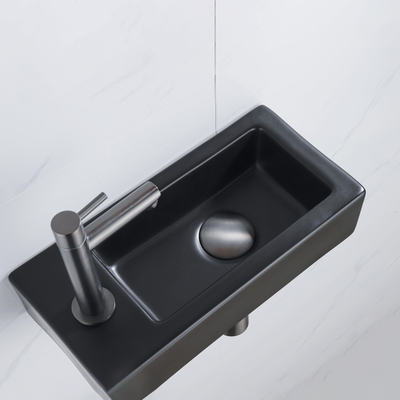 QeramiQ Fuente Fonteinset - 37.5x18.5x9cm - keramiek - kraangat links - fonteinkraan gunmetal - afvoerplug - verlaagd sifon - Mat Zwart