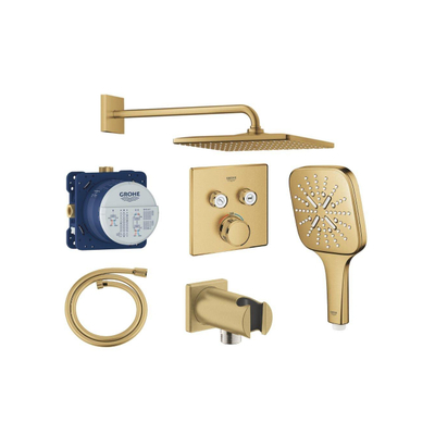 Grohe Grohtherm regendoucheset inbouw - hoofddouche vierkant - handdouche vierkant - gebogen wandarm - cool sunrise geborsteld