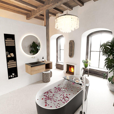 MONDIAZ BUKLA 100cm badmeubel met open module 40 kleur Washed Oak met 1 lade. Wastafel CLOUD links 0 kraangaten kleur Urban.