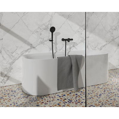 Fortifura Calvi Thermostatische badkraan met ronde handdouche, handdouchehouder en gladde doucheslang mat zwart