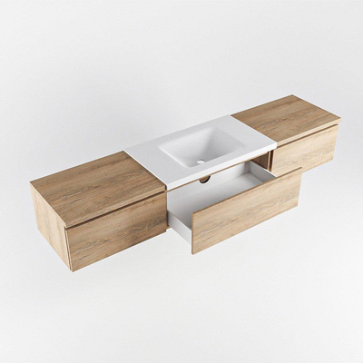 MONDIAZ BUKLA 200cm badmeubel met module 60 kleur Washed Oak met 3 lades. Wastafel CLOUD midden 0 kraangaten kleur Talc.