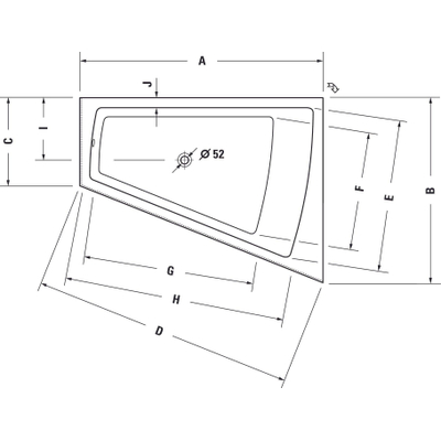 Duravit Paiova bad acryl afgeschuind 170x130x46cm rechts met aangevormd paneel en frame wit