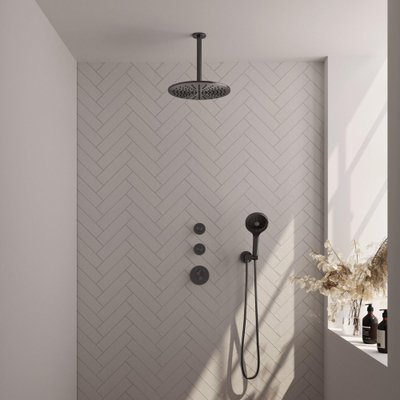 Brauer Gunmetal Carving Regendoucheset inbouw - hoofddouche 30cm - plafondarm 20cm - 3 carving knoppen - handdouche rond 3 standen - PVD - geborsteld gunmetal