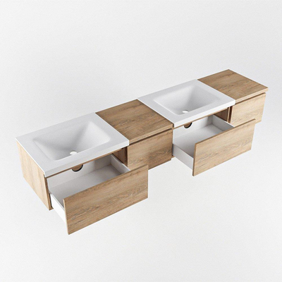 MONDIAZ BUKLA 200cm badmeubel met module 40 links kleur Washed Oak met 4 lades. Wastafel CLOUD dubbel 0 kraangaten kleur Talc.