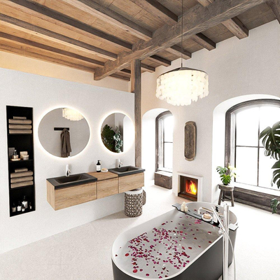 MONDIAZ BUKLA 160cm badmeubel met module 40 kleur Washed Oak met 3 lades. Wastafel CLOUD dubbel 2 kraangaten kleur Urban.