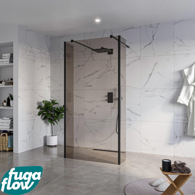 FugaFlow Eccelente Vetro Vrijstaande inloopdouche badkamer - 100x200cm - Rookglas - antikalk - 8mm veiligheidsglas - 2 zijwanden 30cm - met wandarmen en hoekprofielen - Zwart mat -