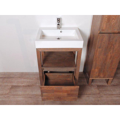 Saniclass Natural Wood badkamermeubelset 60cm grey oak met wastafel wit 0 kraangaten inclusief spiegelkast