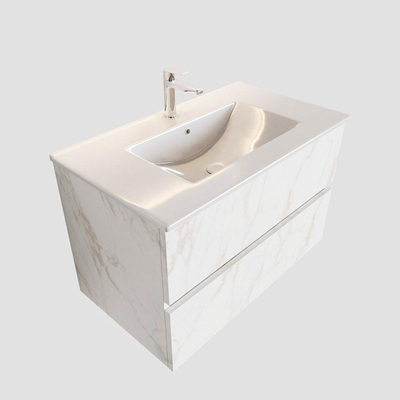 MONDIAZ VICA Badkamermeubelset - 80cm - 2 lades - wasbak Denia midden - 1 kraangat - solid surface carrara marmer