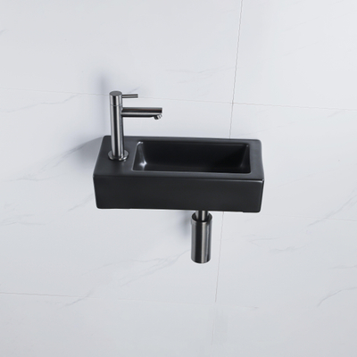 QeramiQ Fuente Fonteinset - 37.5x18.5x9cm - keramiek - kraangat links - fonteinkraan gunmetal - afvoerplug - verlaagd sifon - Mat Zwart