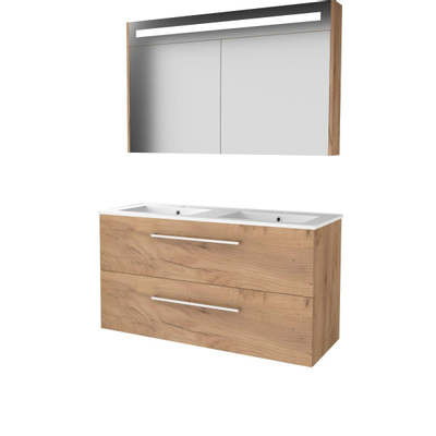 Basic-Line Premium 46 badkamermeubelset - 120x46cm - met grepen - 2 lades - porseleinen wastafel - 2 kraangaten - Spiegelkast - geintegreerde LED verlichting - MFC Whisky Oak