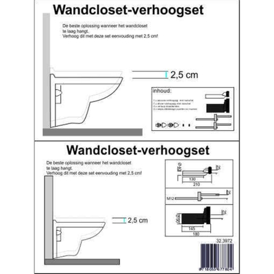 Riko Wandcloset verhoogset tbv inbouwreservoir compleet