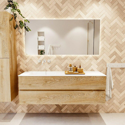 MONDIAZ VICA 150cm badmeubel onderkast Washed Oak 2 lades. Wastafel CLOUD links zonder kraangat, kleur Talc.