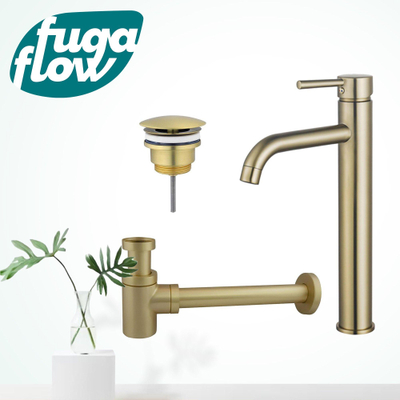 FugaFlow Eccelente Sobrado Badkamer Wastafelkraanset - verhoogde wastafelkraan - always open plug - verlaagde design sifon - PVD Geborsteld Messing