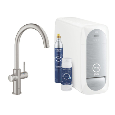 GROHE Blue Home 1-gats keukenkraan met duo C-uitloop starterkit met WiFi bluetooth Chilled & Sparkling 3x gekoeld + 3x bruisend water supersteel