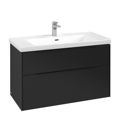 Villeroy & Boch Subway 3.0 wastafelonderkast 100x55x45cm met Volcano Black greep 2 softclose lades 1 sifonuitsparing spaanplaat volcano black